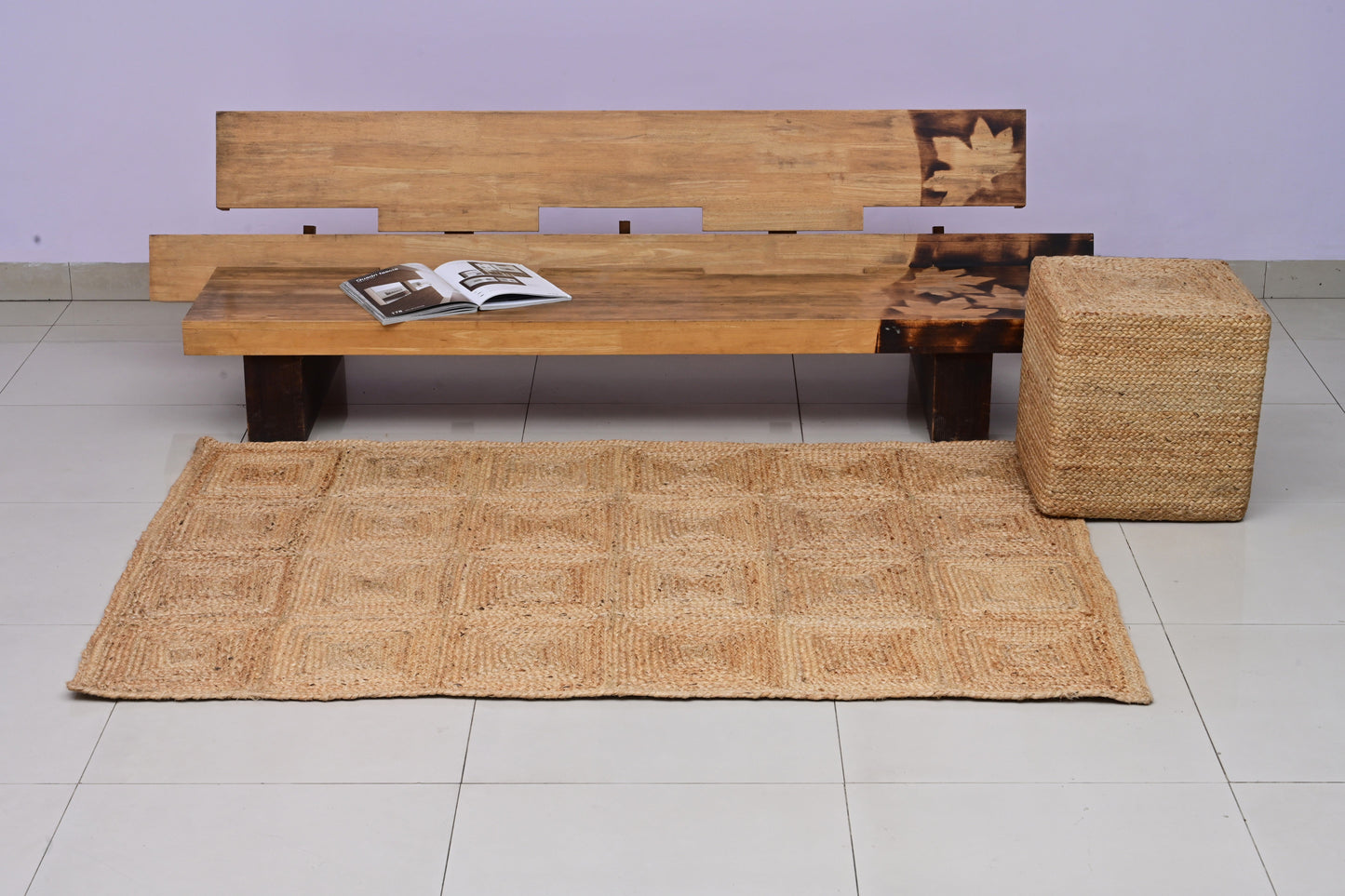 Puf cuadrado de yute natural trenzado a mano