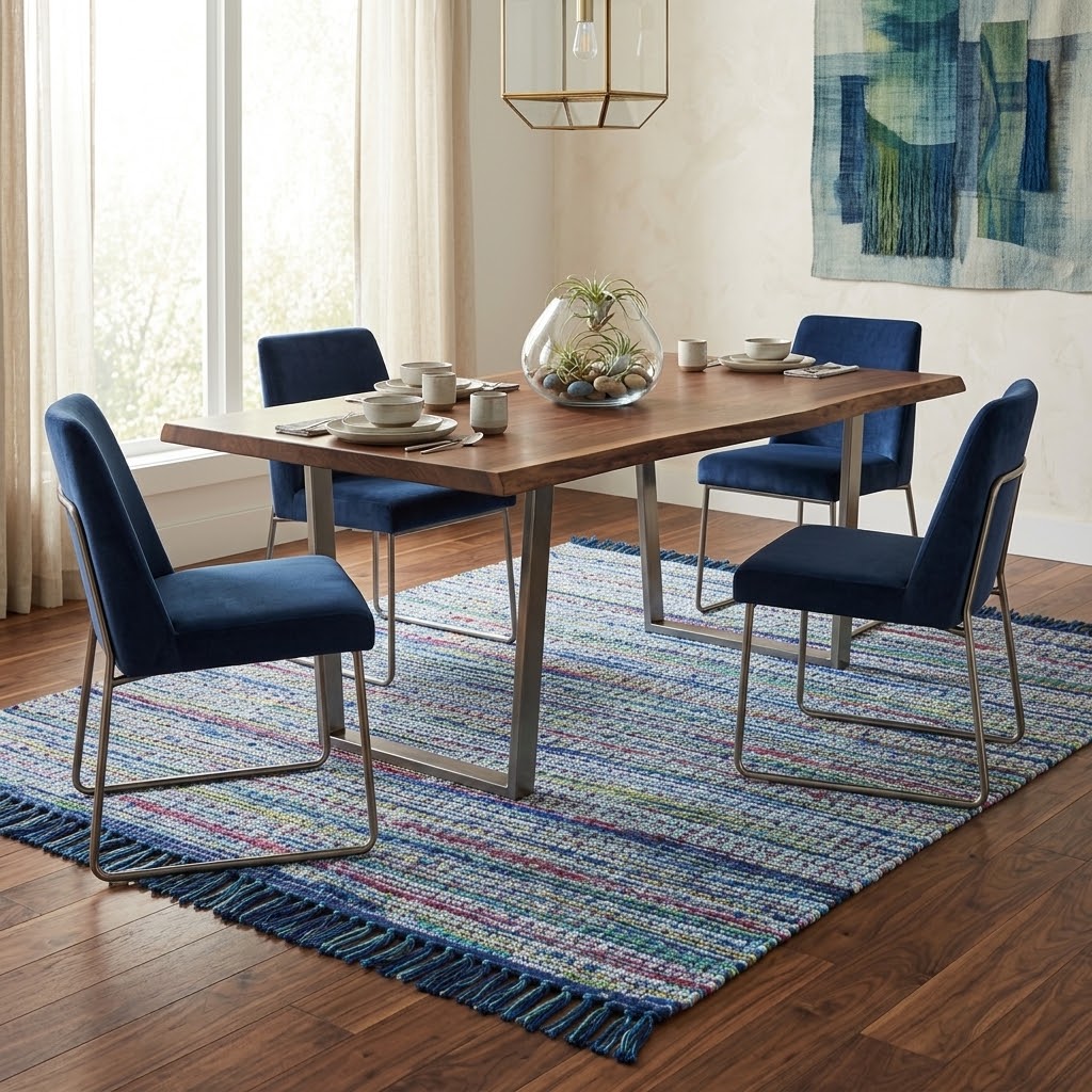 IC14121 Printed Chindi Rug with Blue Border