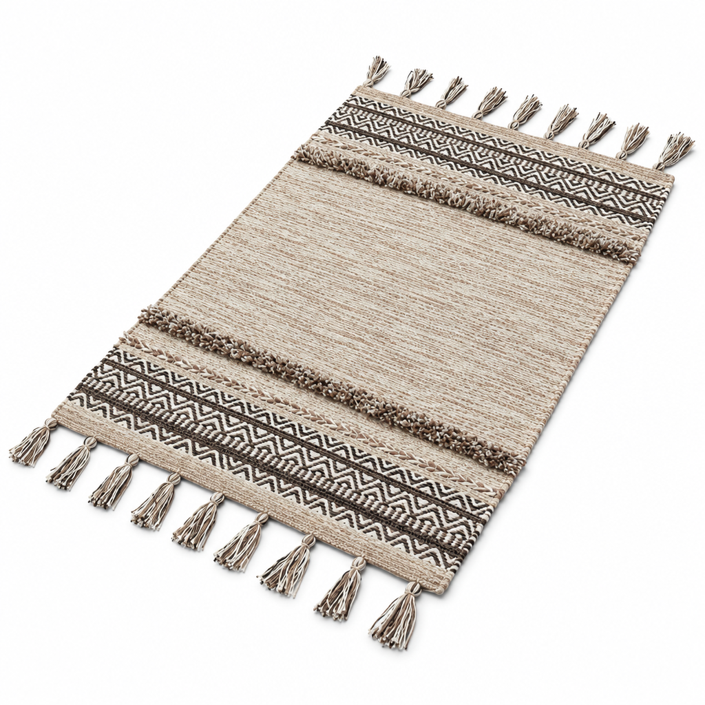 Alfombra kilim de algodón de pelo largo IC15969 Crema/Marfil