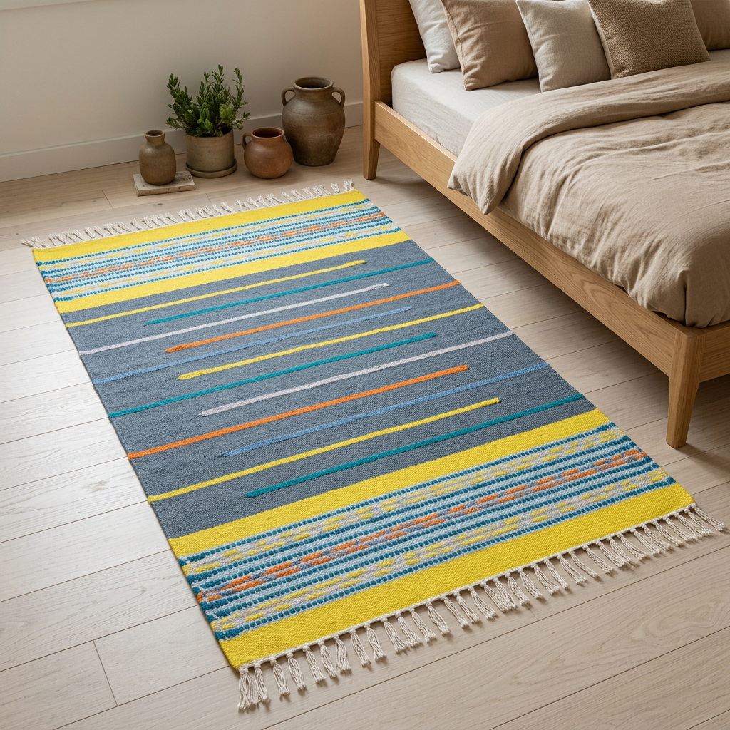 Alfombra BZ1 junto a cama de madera en dormitorio neutro