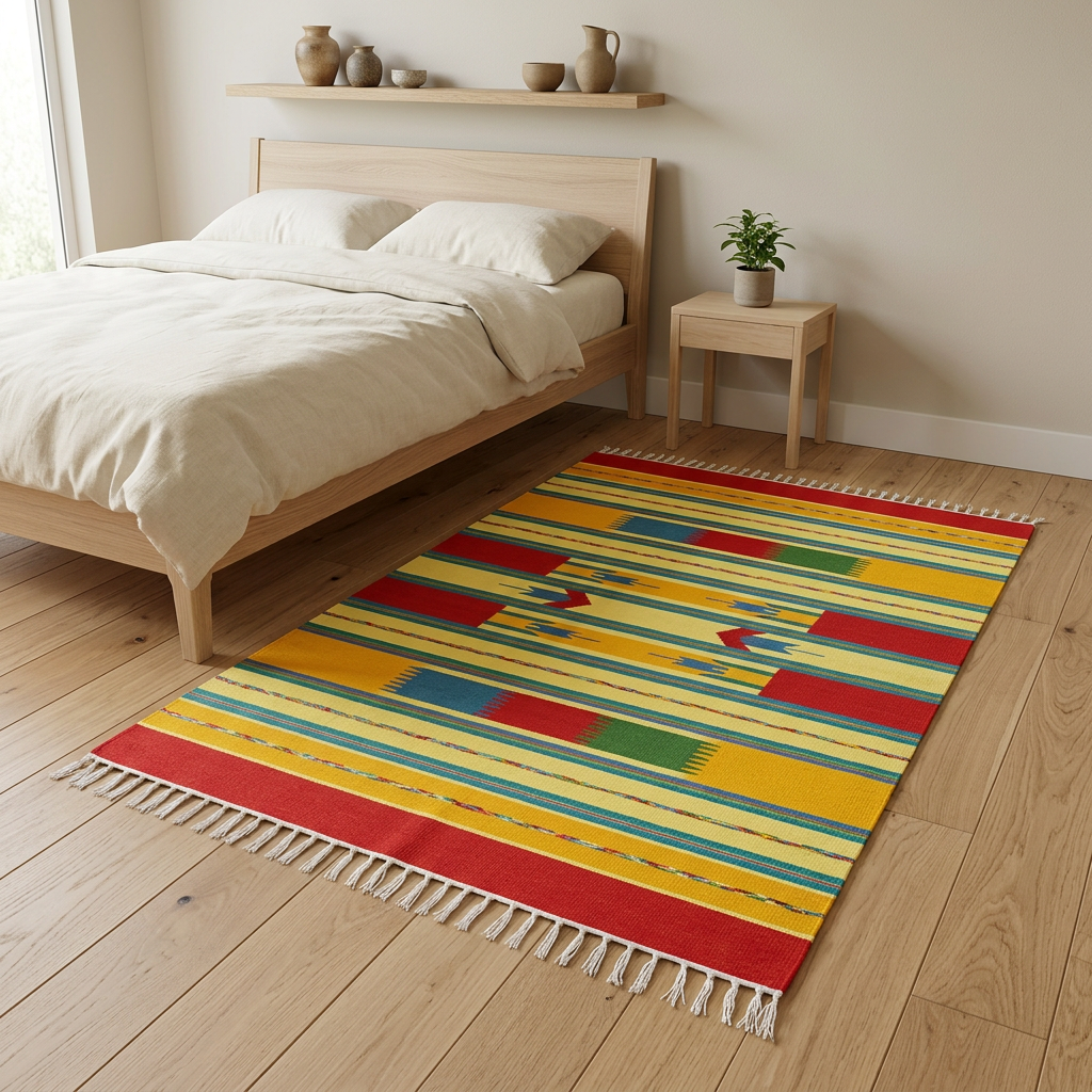 Alfombra OX4 junto a cama de madera en dormitorio neutro
