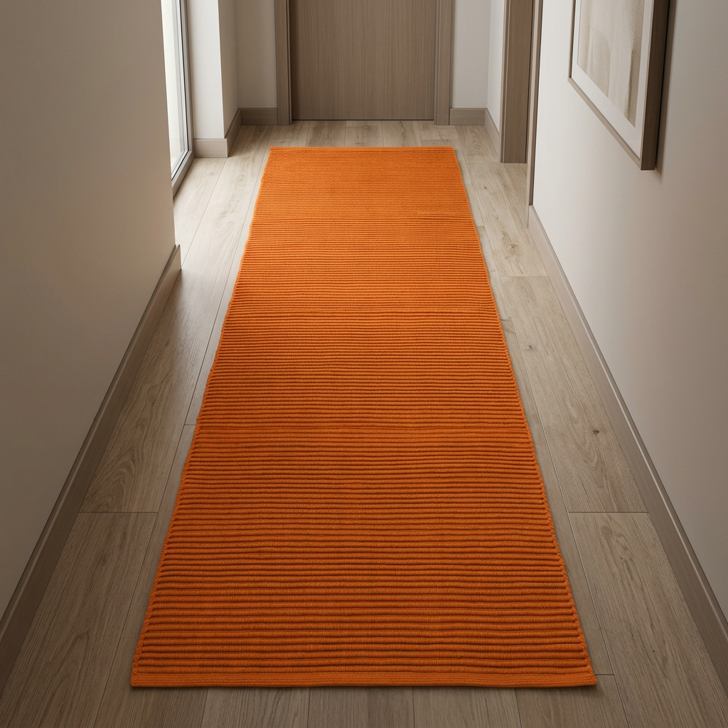 Vista amplia de la alfombra naranja IC11139 en un pasillo