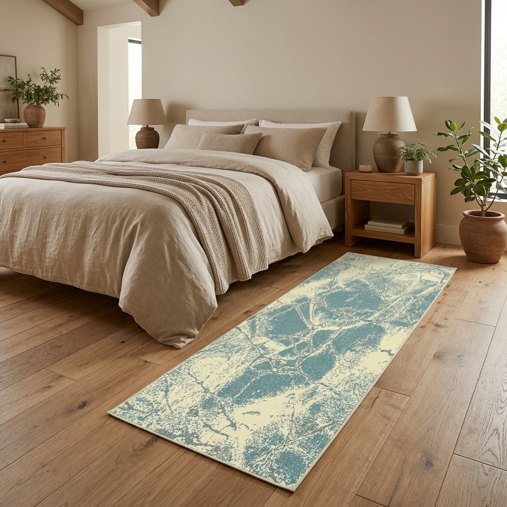 Visualización con IA de alfombra SAS14 junto a una cama, vista amplia