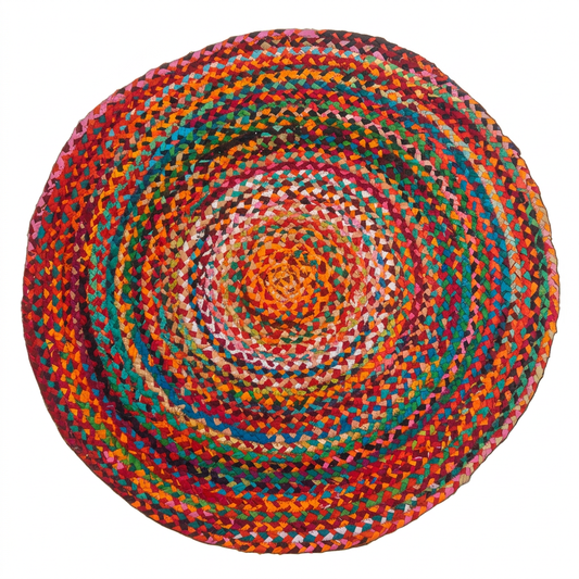 Alfombra Chindi redonda IC10207 con trenzado multicolor en círculos, vista completa sobre fondo blanco