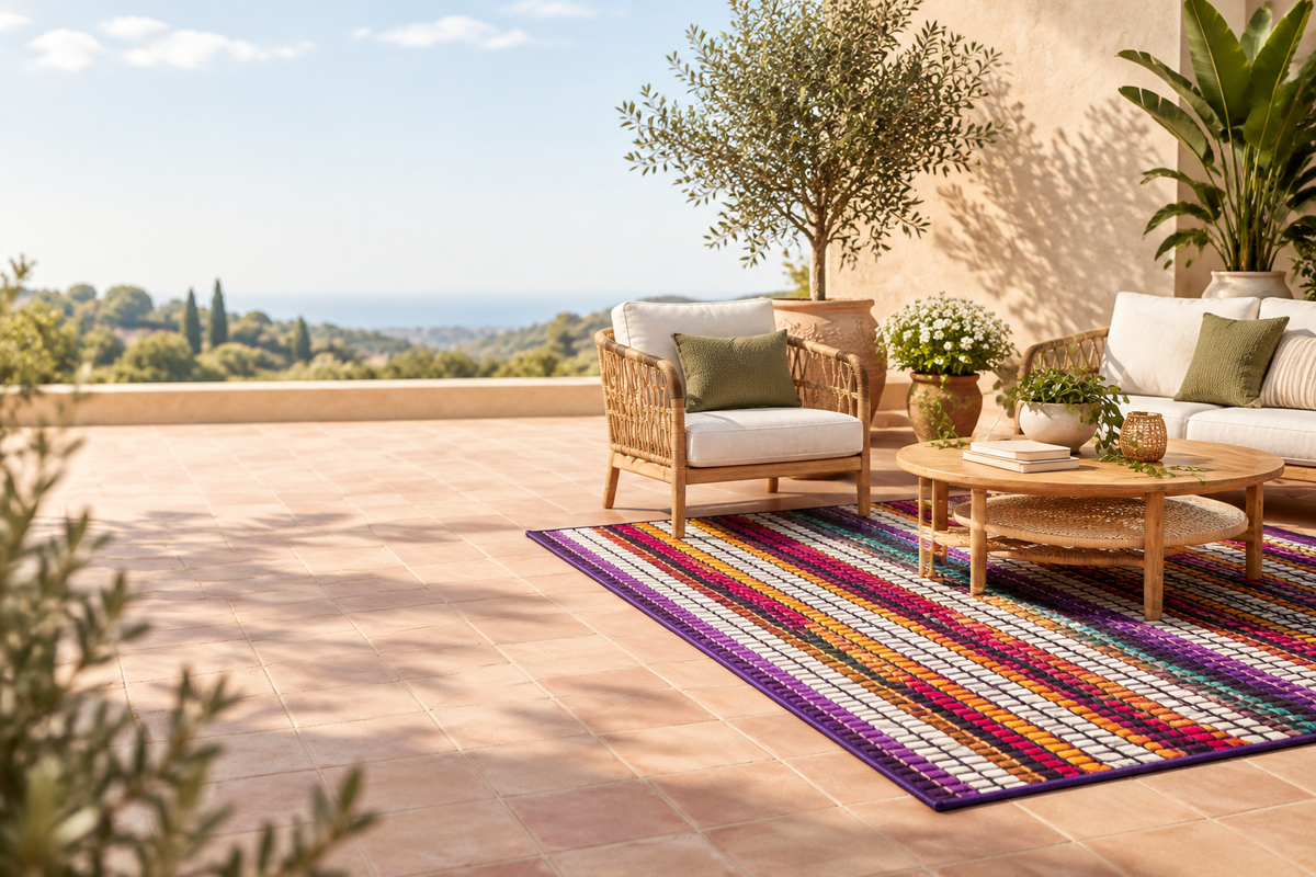 Patio collection banner with colorful woven rug