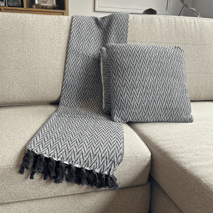 Set de manta y 2 cojines de algodón tejidos a mano