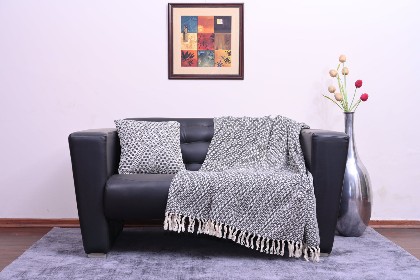 Set de Manta  y 2 Cojines de Algodón Tejida a Mano