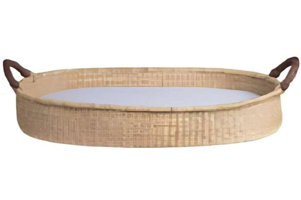 Bandeja ovalada de ratán con asas de cuero