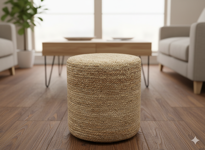 Puf redondo de yute natural trenzado a mano