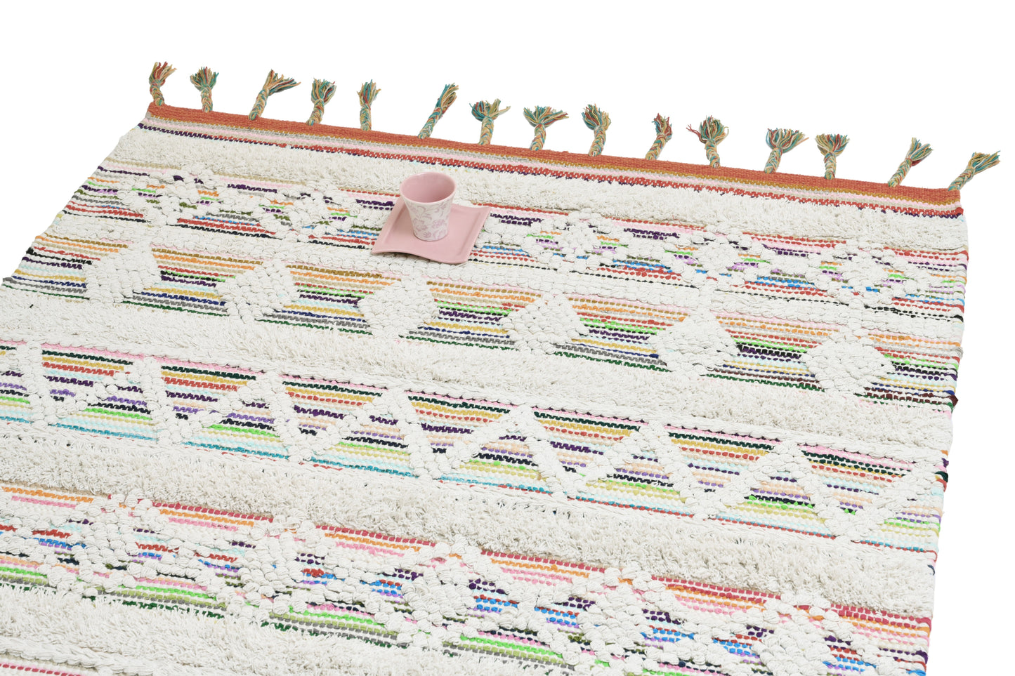 Alfombra de Algodón con Patrón de Diamante – Borde y Flecos