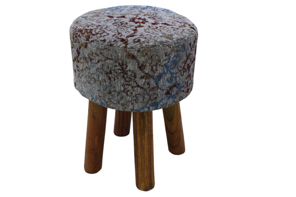 Taburete de Jacquard Multicolor Tejido a Mano con Patas de Madera