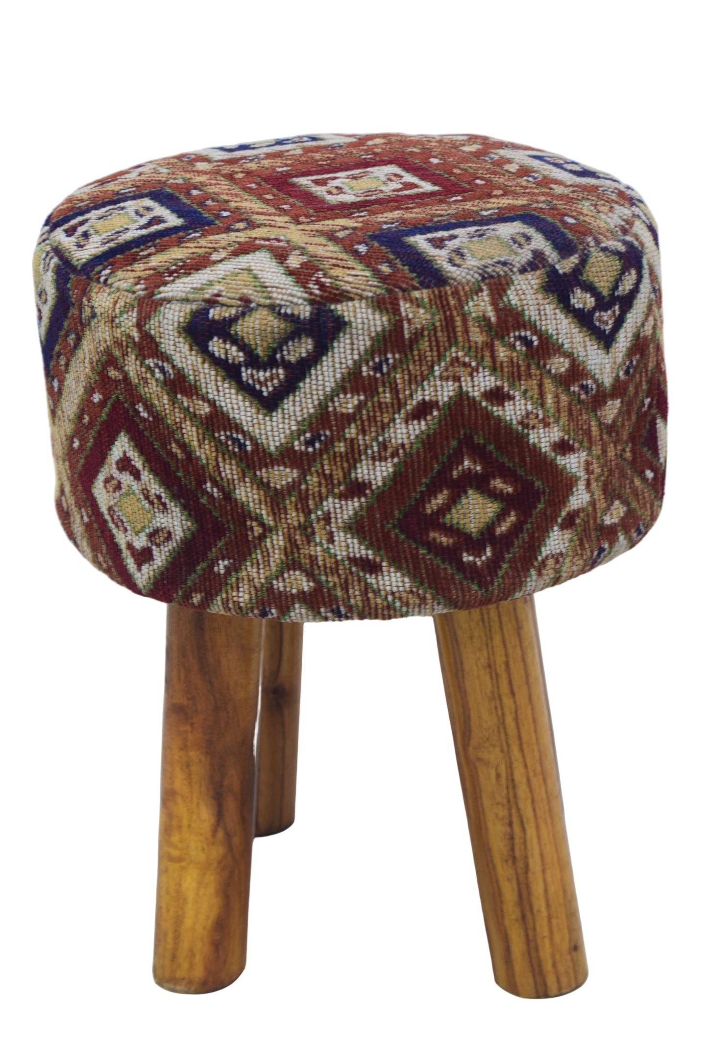 Taburete de jacquard geométrico multicolor tejido a mano con patas de madera