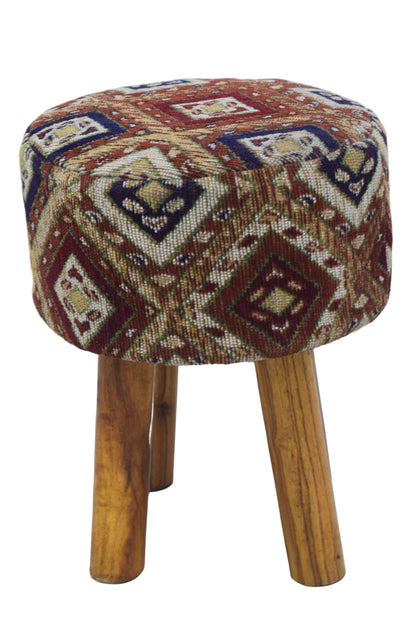 Taburete de jacquard geométrico multicolor tejido a mano con patas de madera