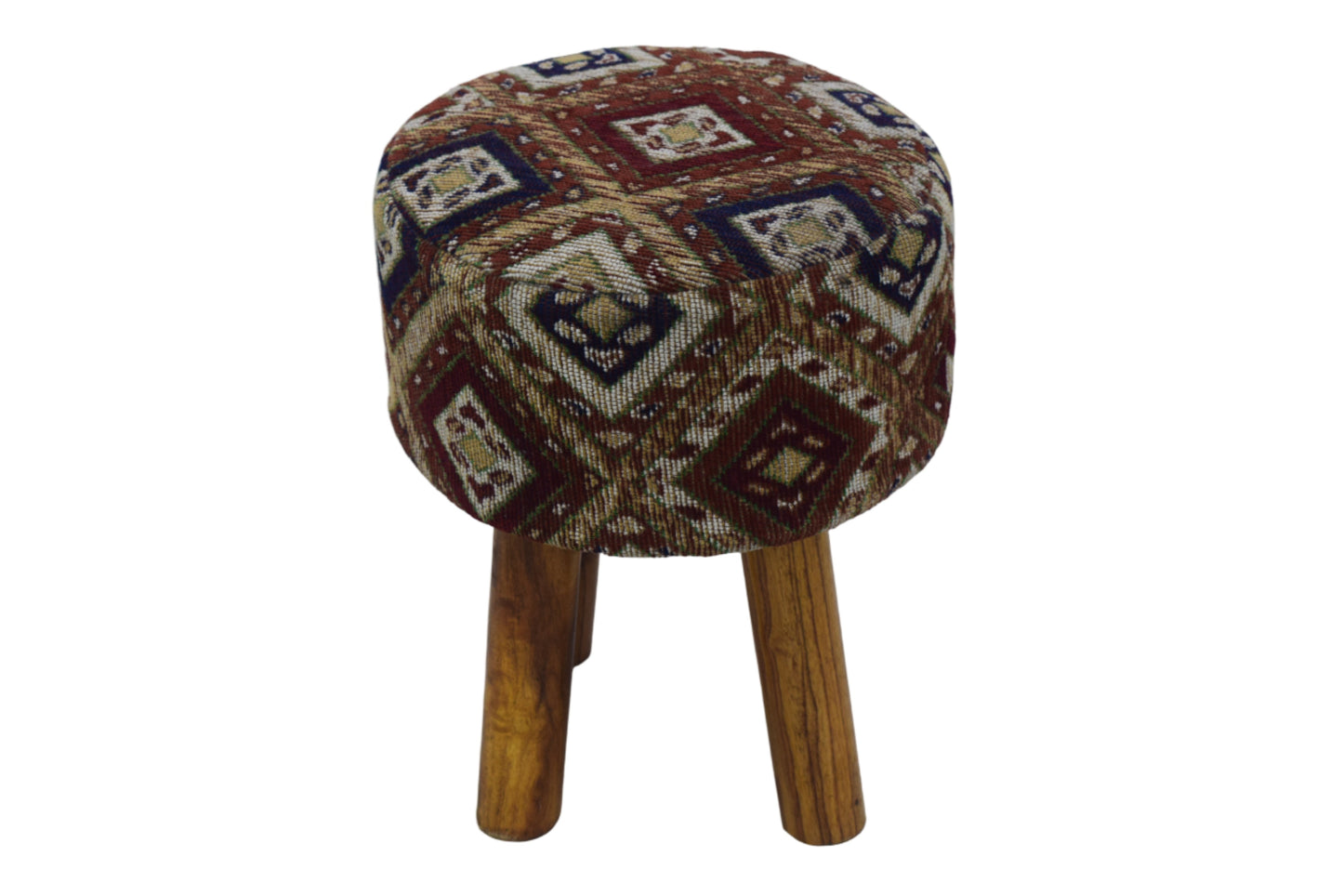Taburete de jacquard geométrico multicolor tejido a mano con patas de madera