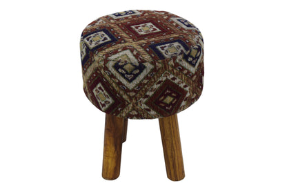 Taburete de jacquard geométrico multicolor tejido a mano con patas de madera