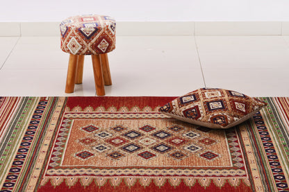 Taburete de jacquard geométrico multicolor tejido a mano con patas de madera