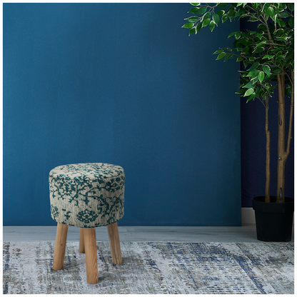 Taburete de jacquard turquesa tejido a mano con patas de madera