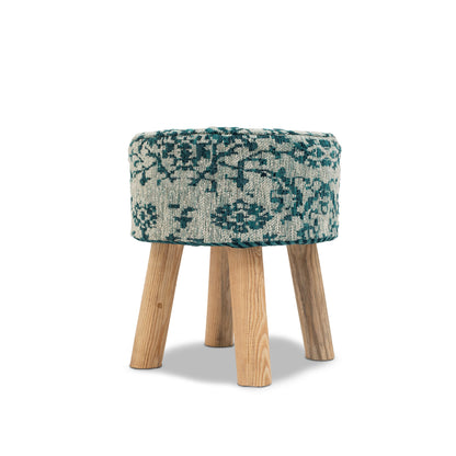 Taburete de jacquard turquesa tejido a mano con patas de madera