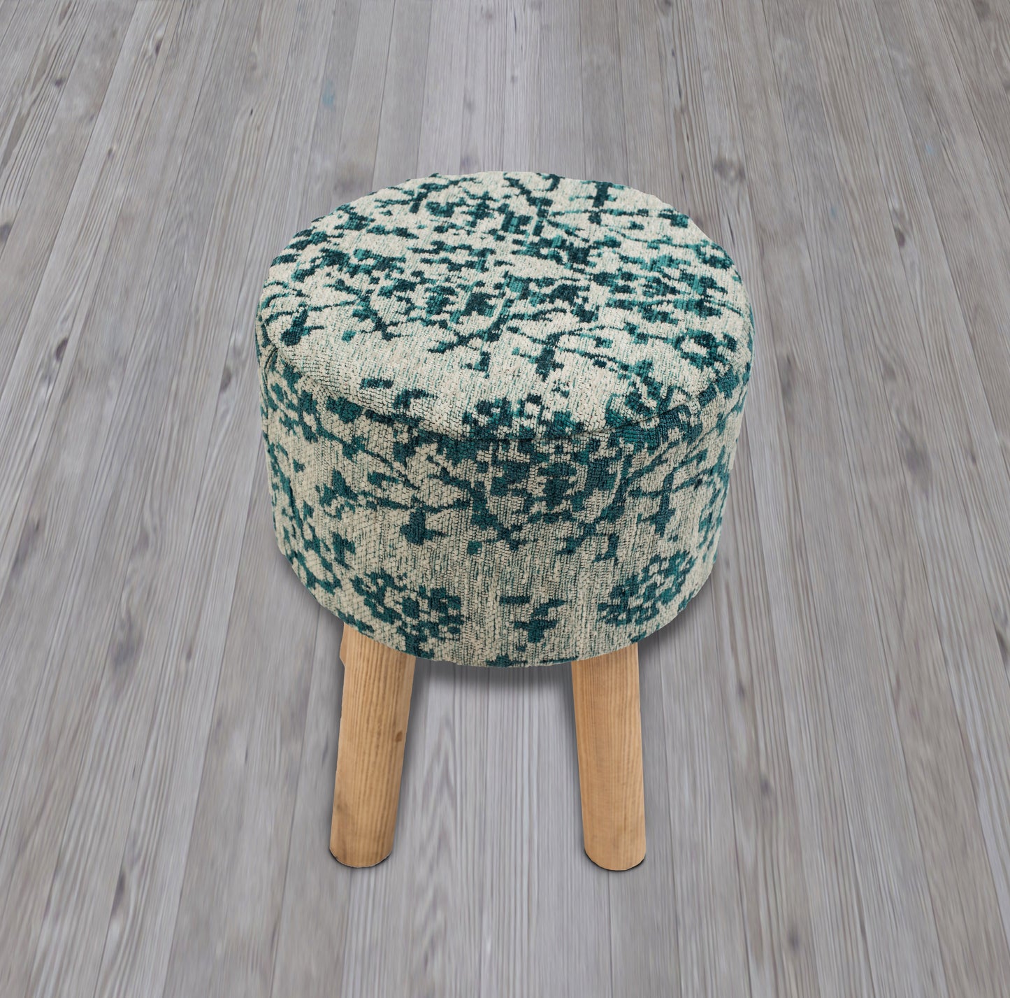 Taburete de jacquard turquesa tejido a mano con patas de madera