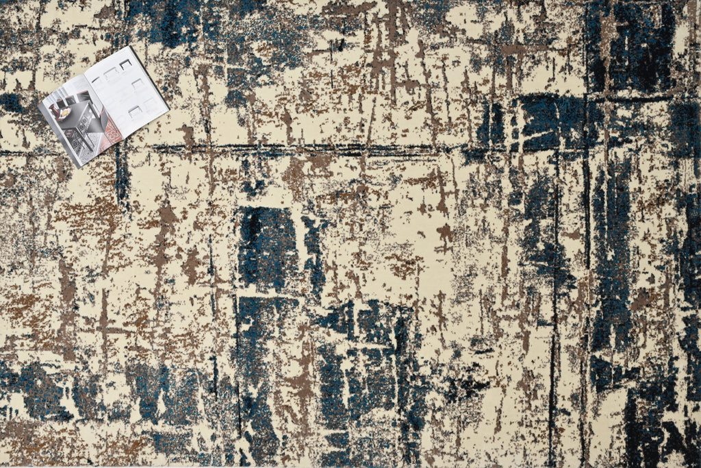 Alfombra Moderna con Efecto Desgastado – Azul y Beige