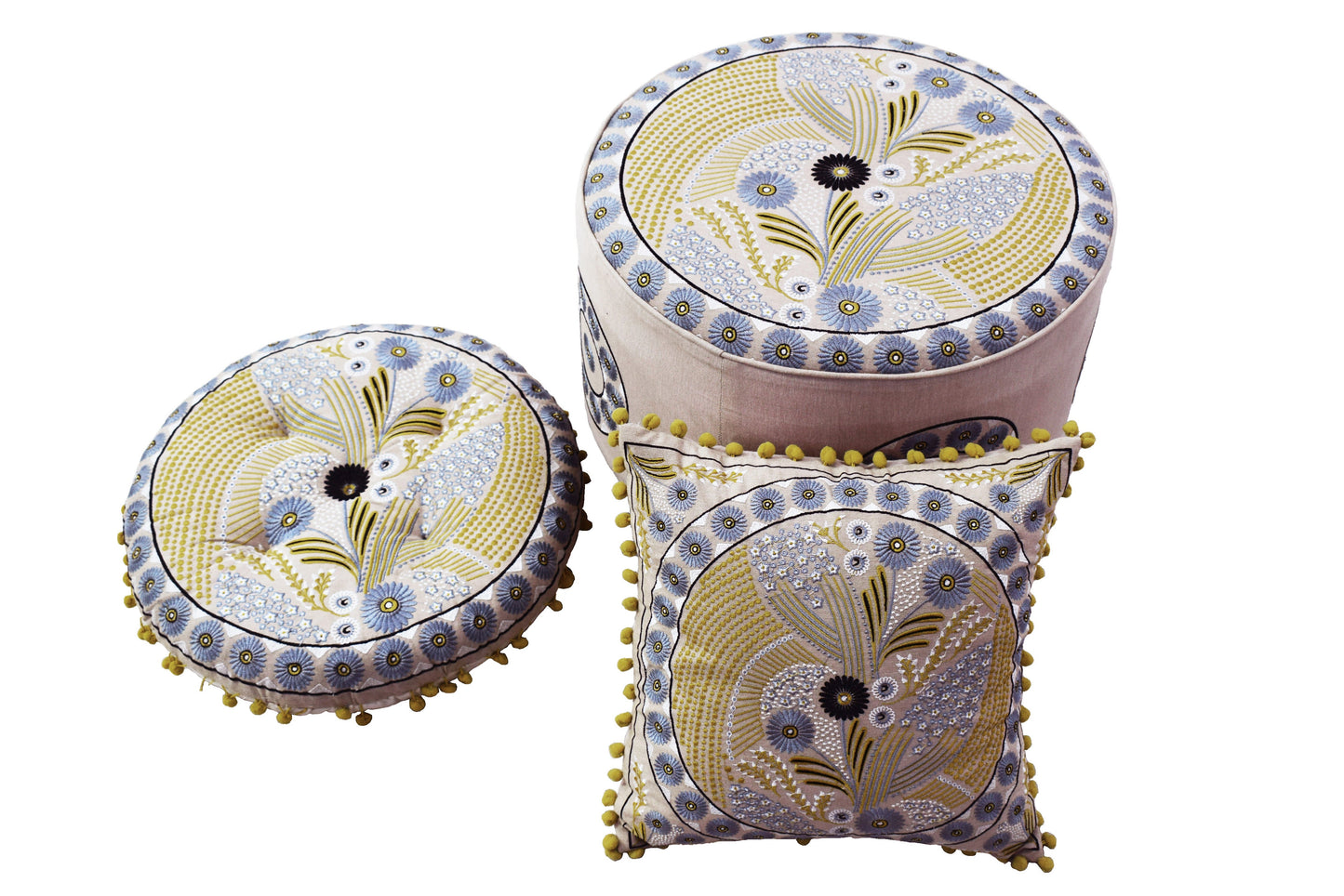 Taburete con Cojín de Piso y Almohada – Juego Completo