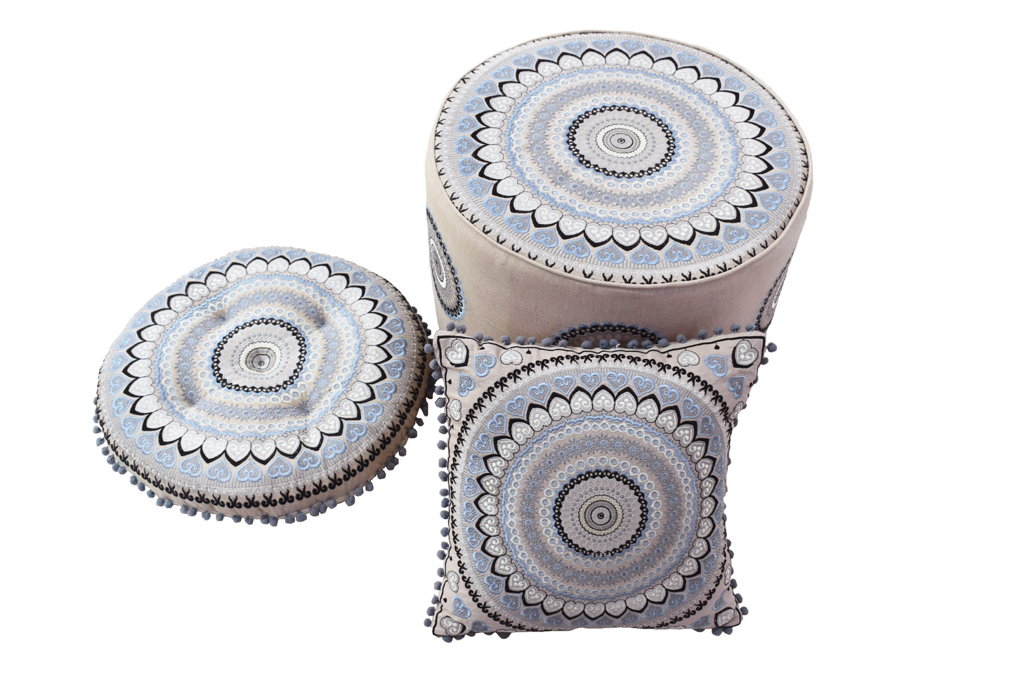 Taburete con cojín de piso y set de almohadas