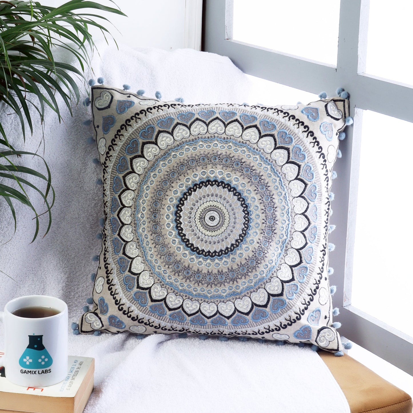 Taburete con cojín de piso y set de almohadas