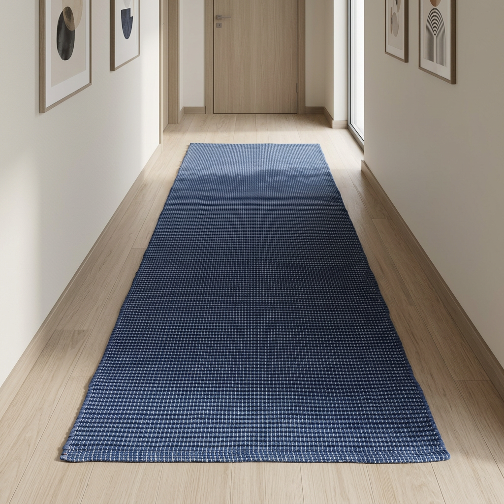 Alfombra azul marino centrada en un pasillo de madera clara