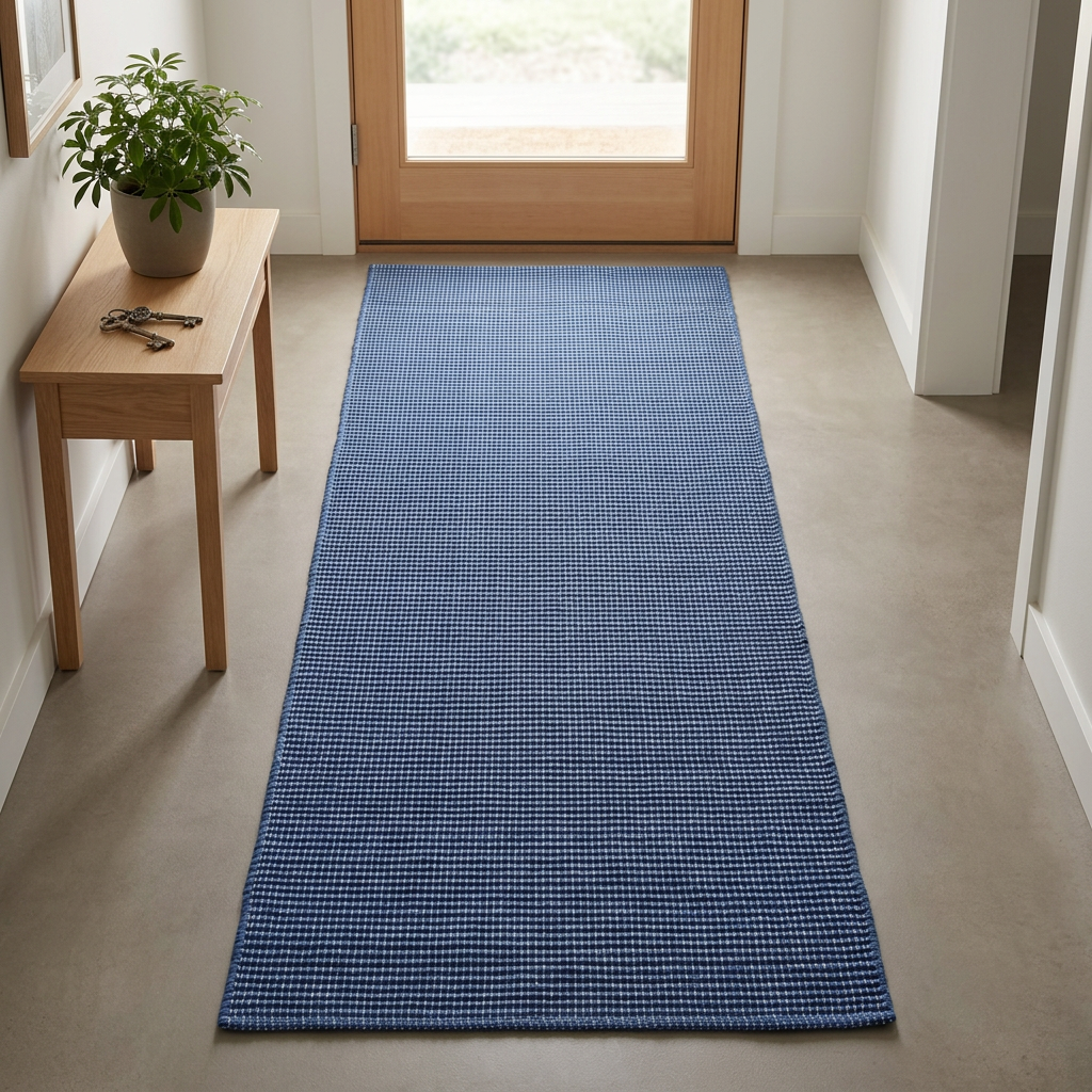 Alfombra azul marino en una entrada luminosa con puerta de madera clara