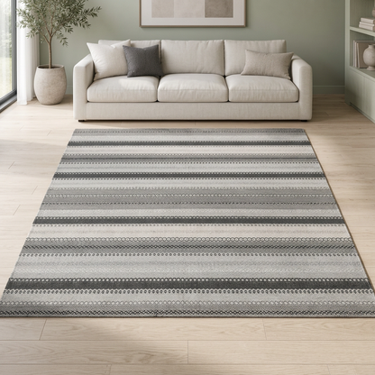 Alfombra de 280 × 365 cm en una sala, con rayas transversales