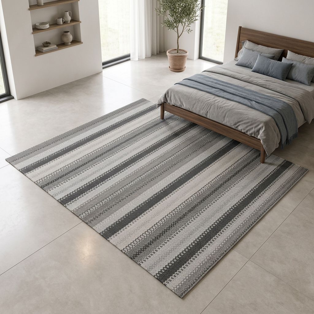 Alfombra de 280 × 365 cm junto a la cama, con rayas transversales
