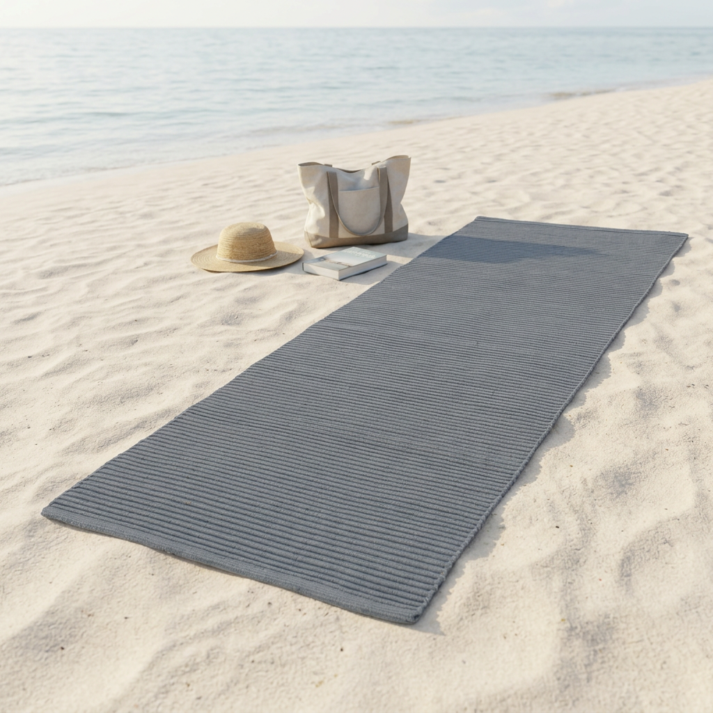 Alfombra gris en una playa tranquila con sombrero, bolso y libro