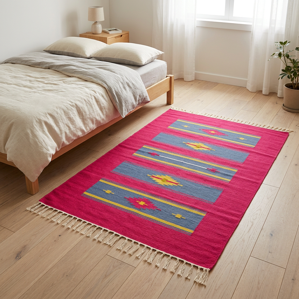 Alfombra Kilim OX1 junto a la cama