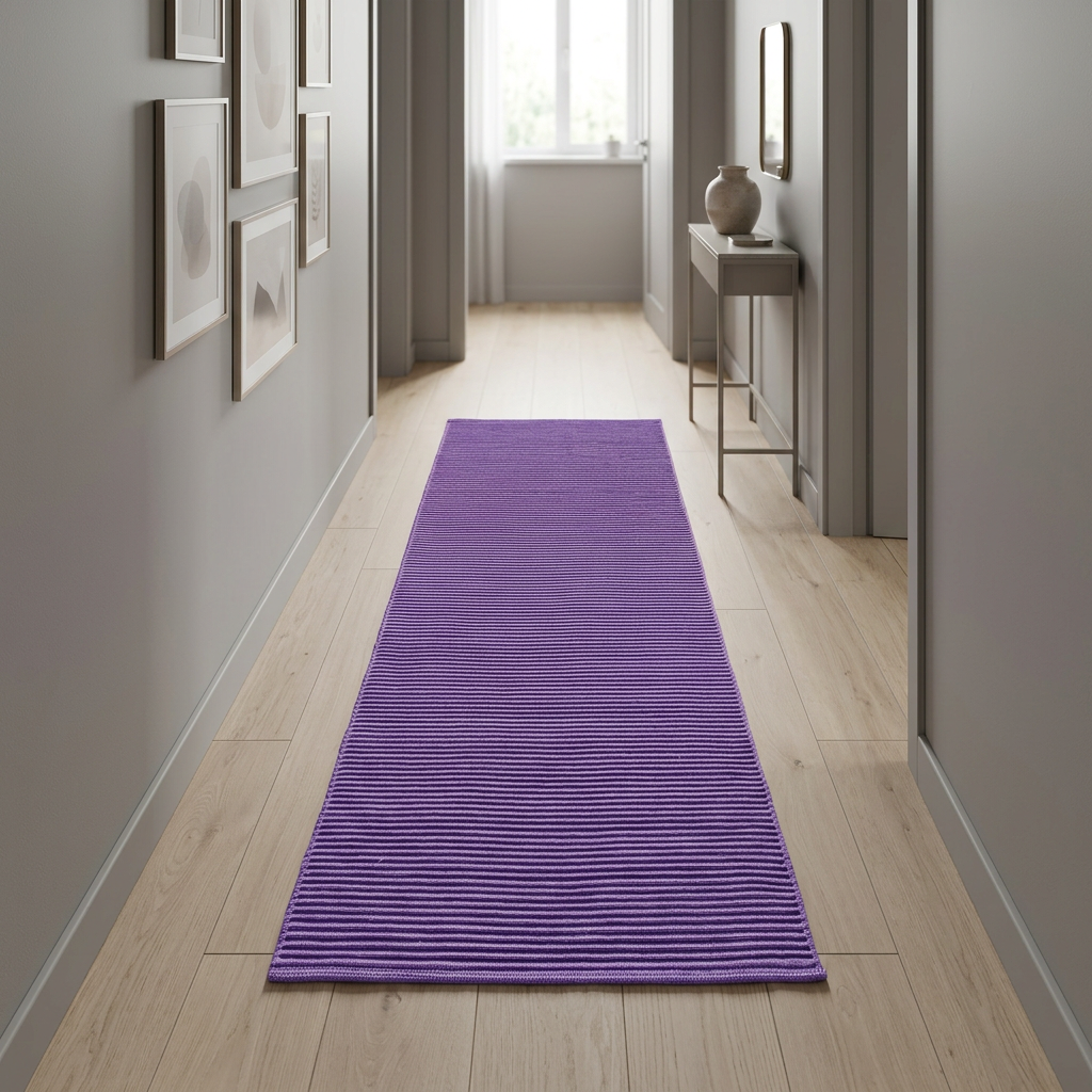 Alfombra morada centrada en un pasillo de madera clara