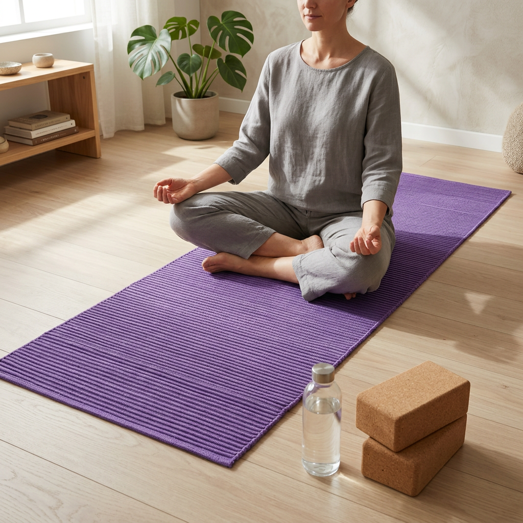 Alfombra morada en una escena luminosa de meditación