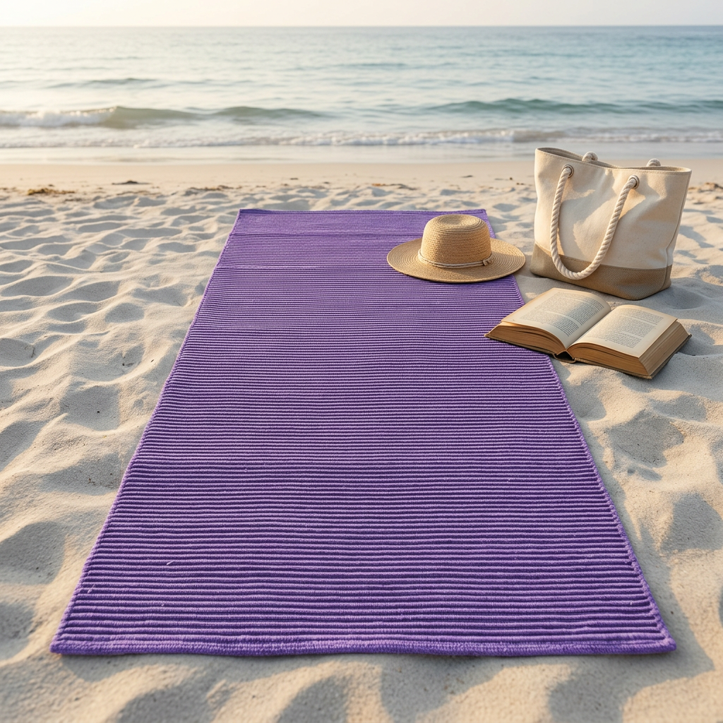 Alfombra morada sobre arena clara en una playa tranquila