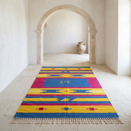 Alfombra OX5 en una galería mediterránea