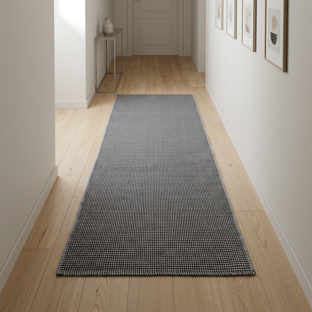 Alfombra plateada centrada en un pasillo de madera clara