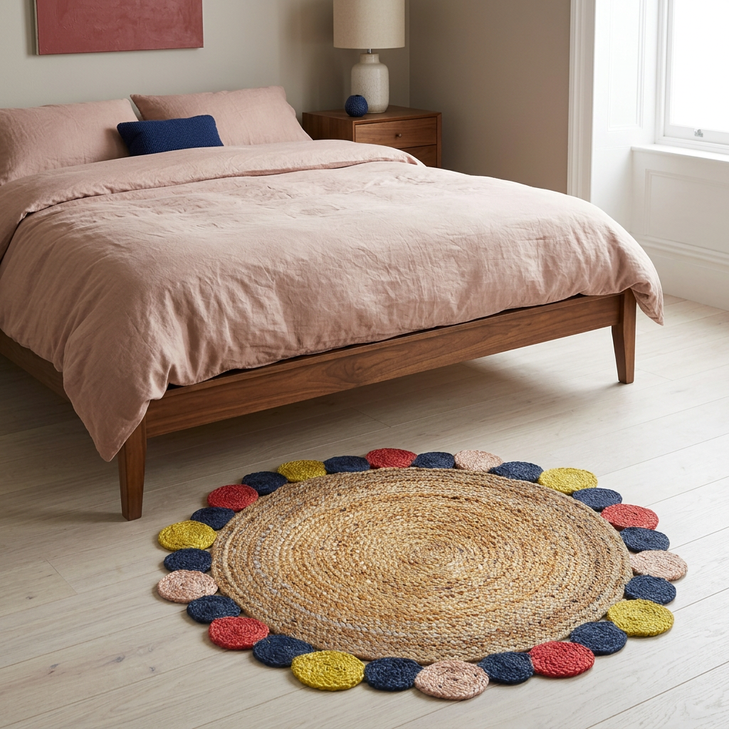 Alfombra redonda junto a la cama en un dormitorio de tonos rosados