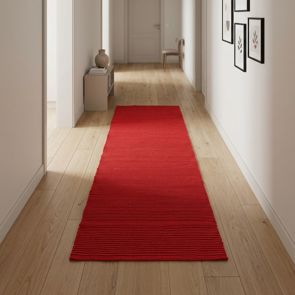 Alfombra roja centrada en un pasillo de madera clara