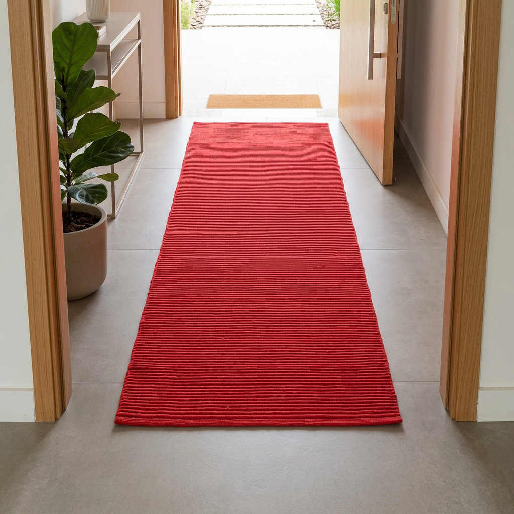 Alfombra roja en una entrada luminosa con puerta de madera clara