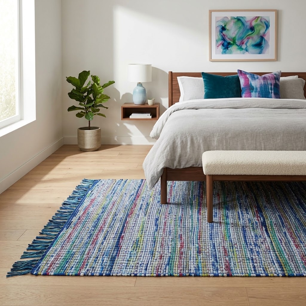 IC14121 Printed Chindi Rug with Blue Border