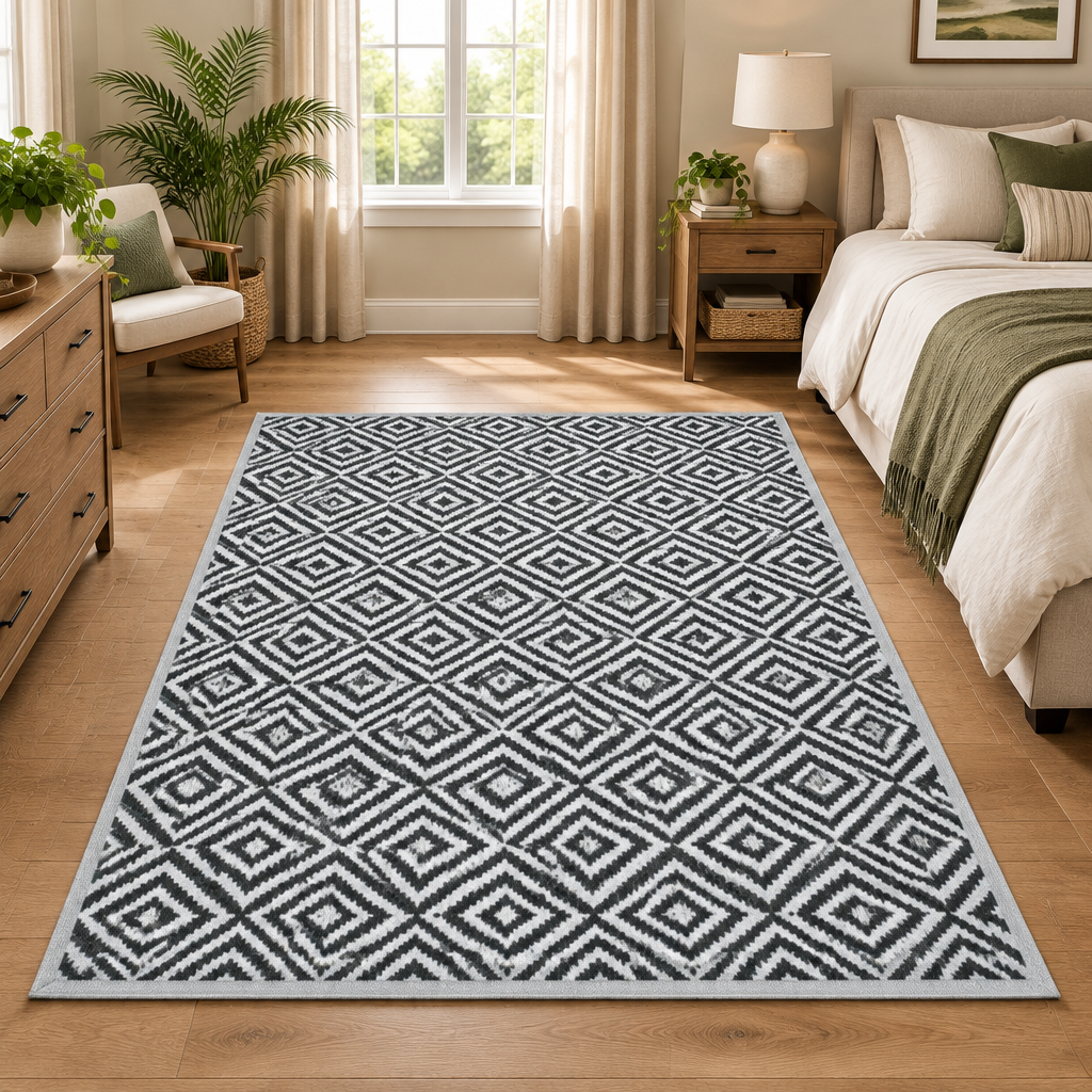 Rug in wide bedroom view
