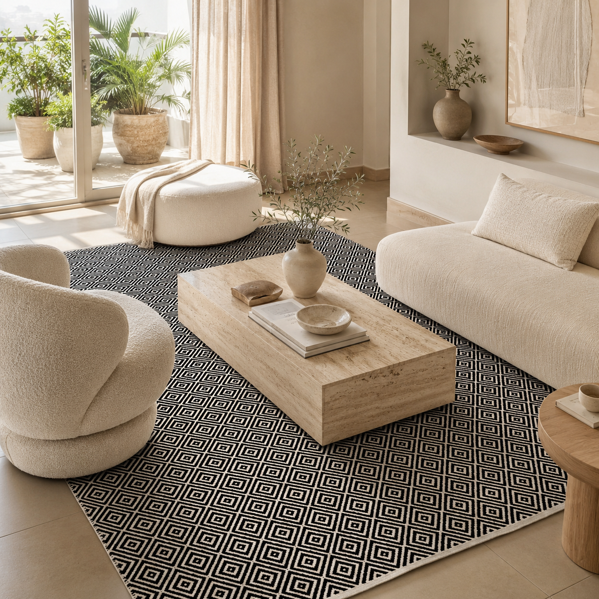 Alfombra de Algodón con Patrón de Diamante Borde Acabado IC17719 Negro