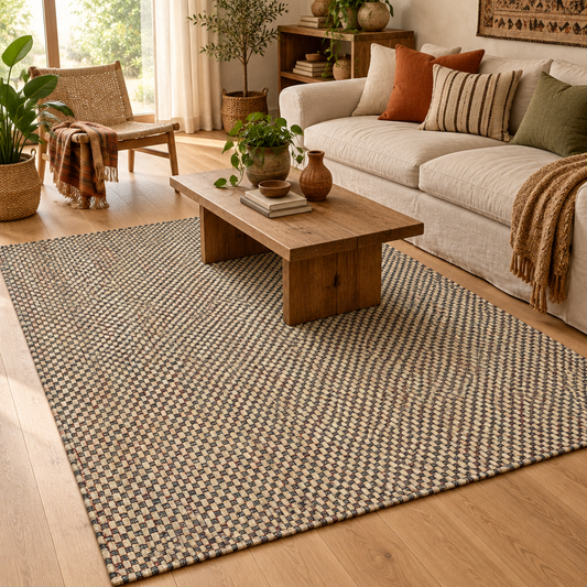 Alfombra a cuadros IC14529 multicolor en una sala de estar bohemia con luz natural