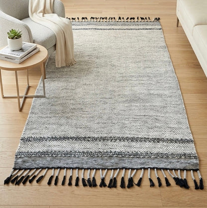 Alfombra Dhurrie de Algodón Con Borde y Flecos IC17485 Grises/Plateado