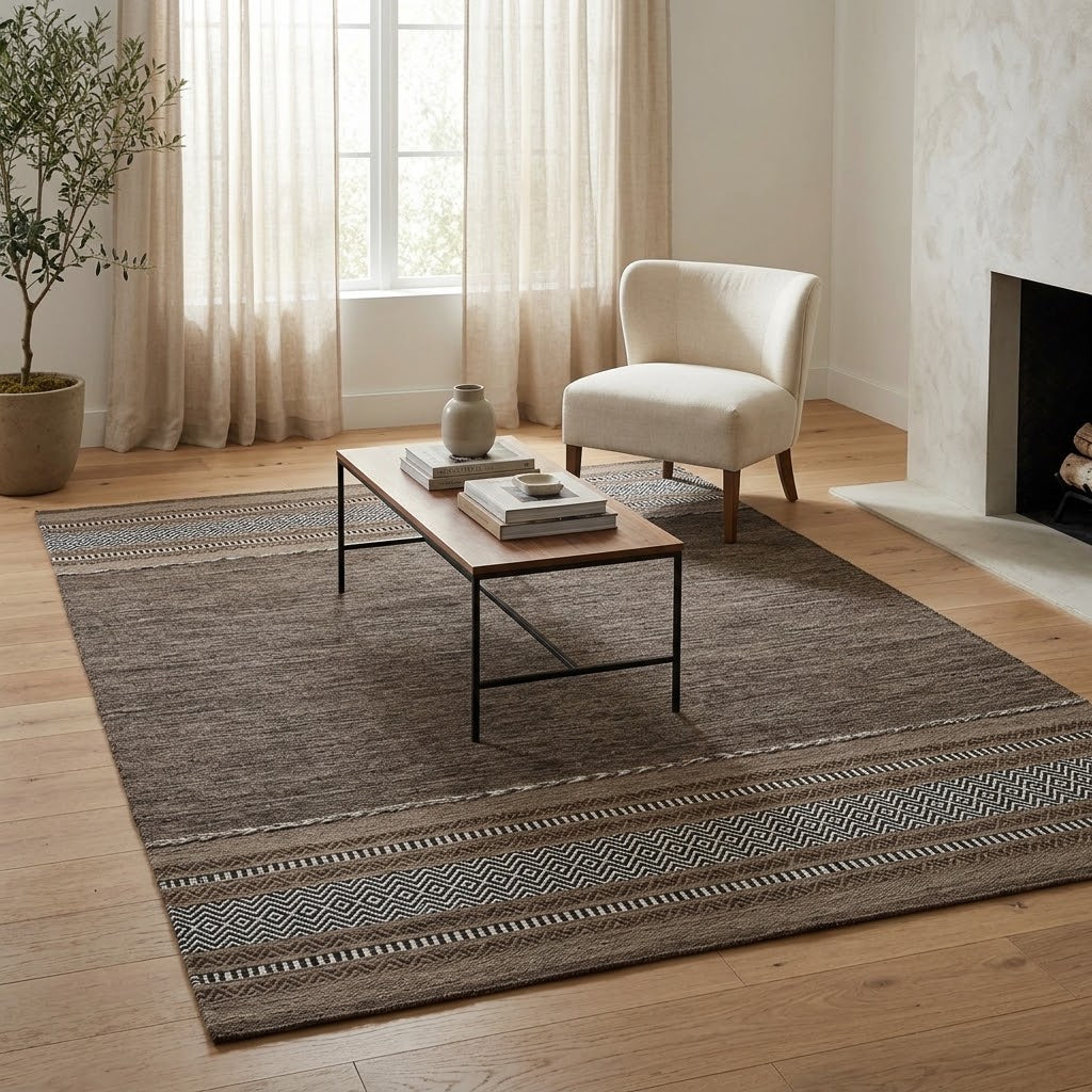 Cotton Kilim Rug Finished Edge IC14492 Brown/Beige