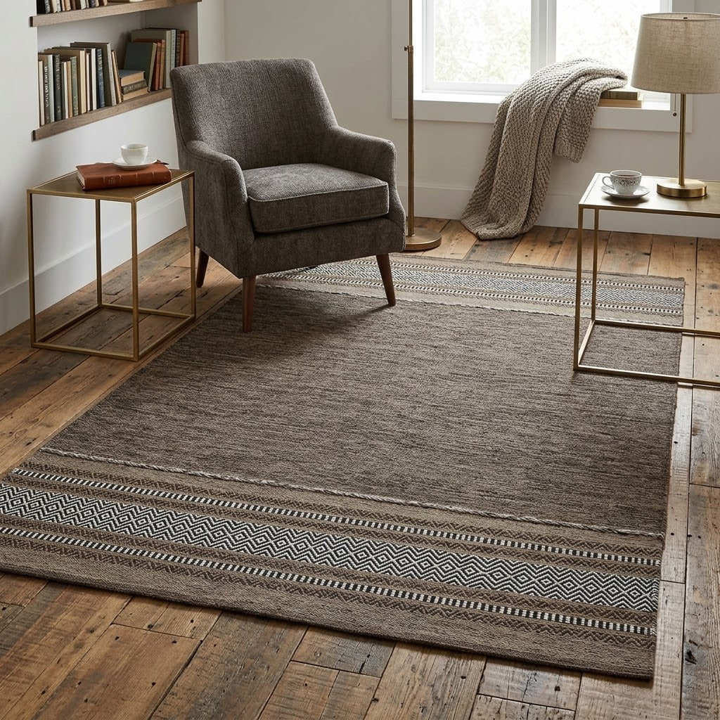 Cotton Kilim Rug Finished Edge IC14492 Brown/Beige