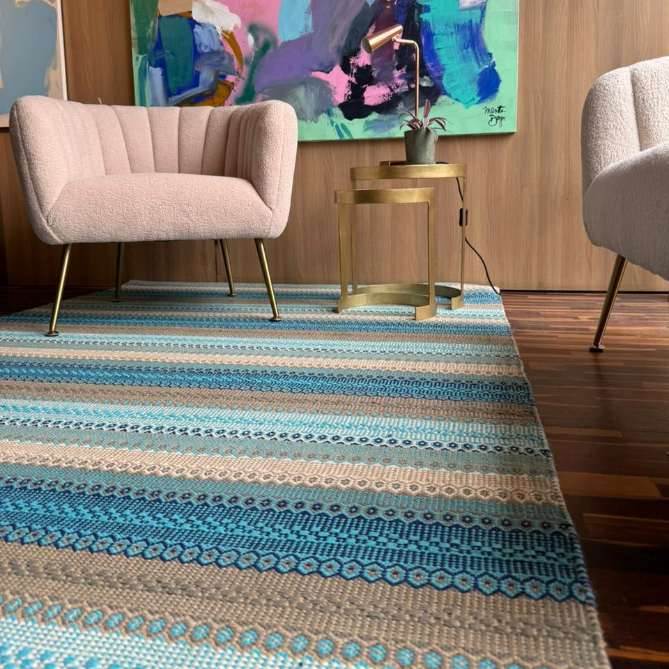 Alfombra Kilim de Algodón Con Base Antideslizante IC13516 Azul