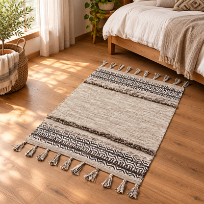Alfombra kilim de algodón de pelo largo IC15969 Crema/Marfil